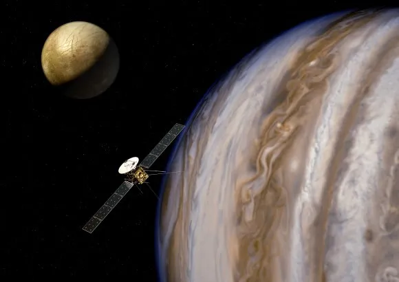 ဂျူပီတာ ဂြိုဟ်နုားကို ကပ်ပျံမယ့် Jupiter Icy Moons Explorer (JUICE) ကို ပန်းချီသရုပ်ဖေါ်ထားပုံ