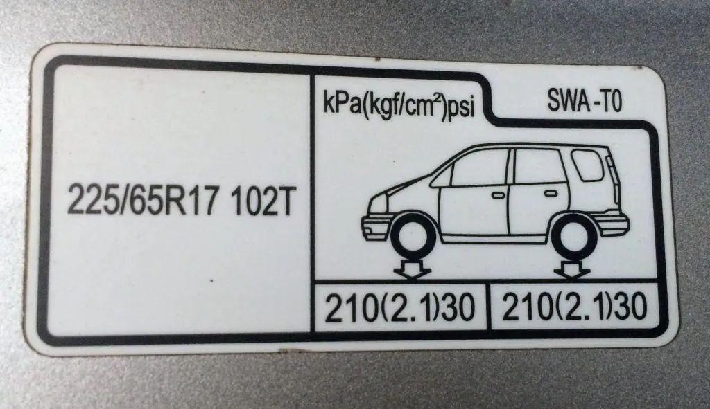 Honda CRV ရဲ့ တံခါးဘောင်မှာ တပ်ဆင်သင့်တဲ့ တာယာအရွယ်အစားနဲ့ ထိုးသင့်တဲ့ လေပေါင်ချိန်ကို ပြထားပါတယ်။