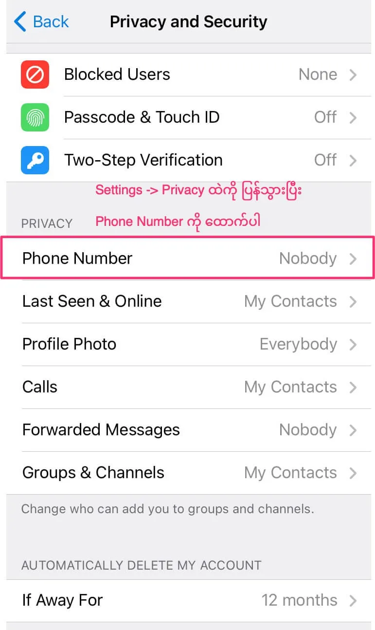 Telegram account privacy settings