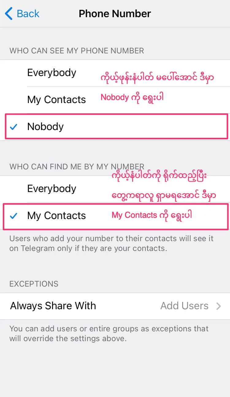 Telegram account privacy settings